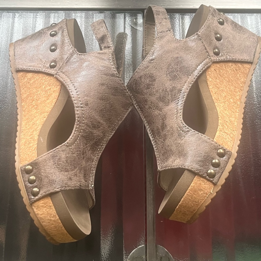 Corkys Distressed Brown Cork Wedge Sandals with Stud Details